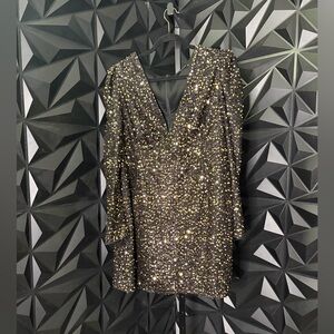 SHEIN Black and Gold Sequin Long Sleeve Dress